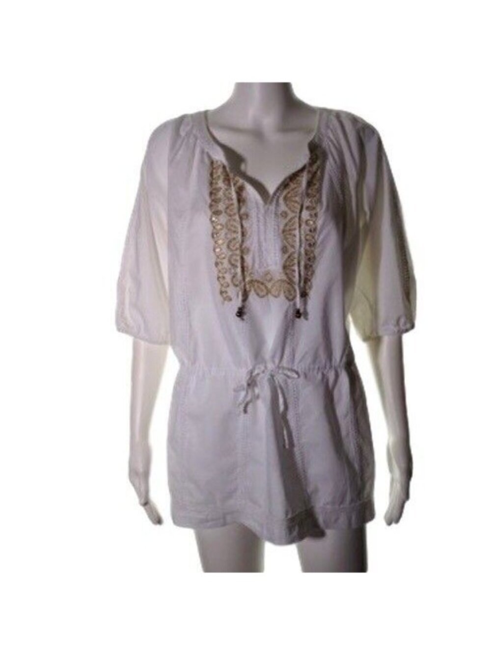 Alfani Tunic Top Size 6 P Womens Boho White with Gold Embroidery Pullover